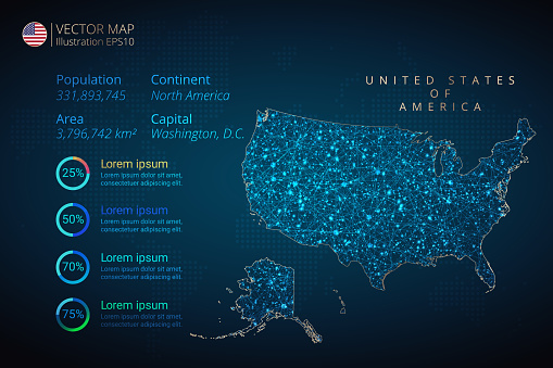 United States of America Map infographics vector template with abstract geometric mesh polygonal light concept on blue background. Template for diagram, graph, presentation and chart. Vector illustration EPS10