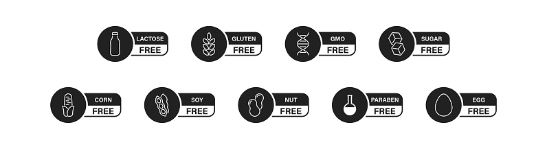 Ingredient warning linear icon set. Allergen free icons. Lactose, gluten, gmo, sugar, corn, soy, egg, nut paraben free labels. Vector EPS 10
