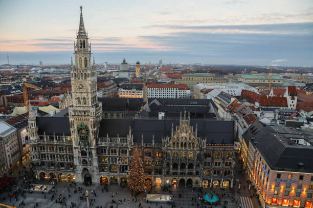 istock Munich Marienplatz old town aerial view blue hour sunset evening 1656503098