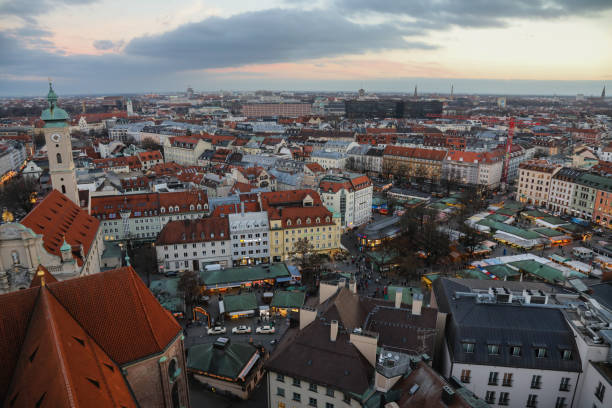 istock Munich Marienplatz old town aerial view blue hour sunset evening 1656504677