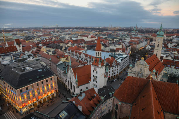 istock Munich Marienplatz old town aerial view blue hour sunset evening 1656506257