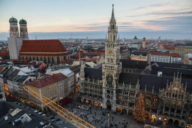 istock Munich Marienplatz old town aerial view blue hour sunset evening 1656507801