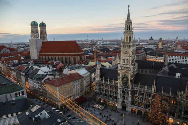 istock Munich Marienplatz old town aerial view blue hour sunset evening 1656508875