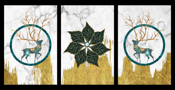 istock 3d digital canvas art bedroom home decor. turquoise deer and tree leaves on white marble background. golden decorative lines and dots circles. 1656512633