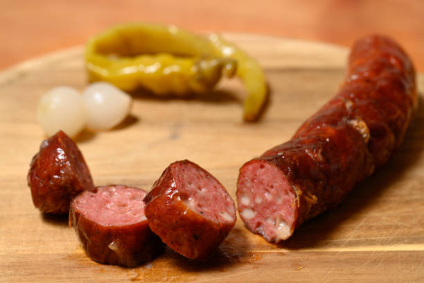 Grilled Kasekrainer or Cheese Kransky Austrian Sausage with Pickled Onions and Hot Pepper