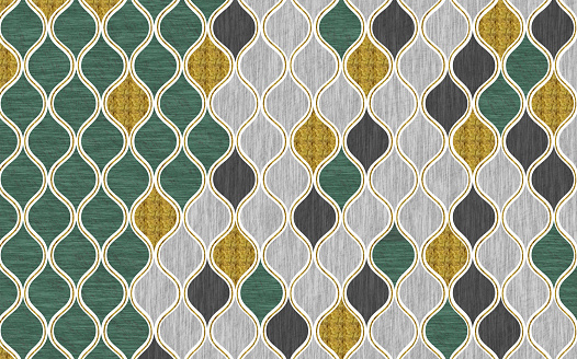 3d modern pattern carpet wallpaper design. Green, gray, black and golden shapes. minimal living room decoration