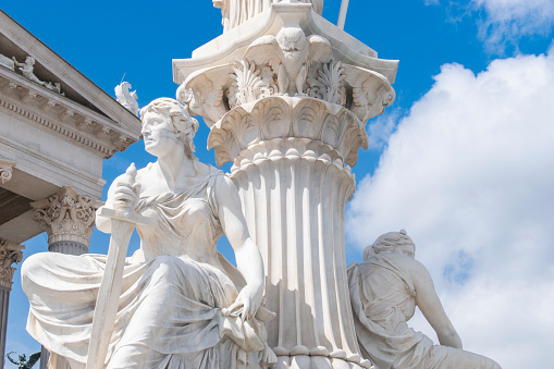 Vienna, Austria 31 Aug 2023. Pallas Athena Brunnen: Athena's Wisdom, The Majestic Fountain Outside the Austrian Parliament. (Detail part of the fountain)