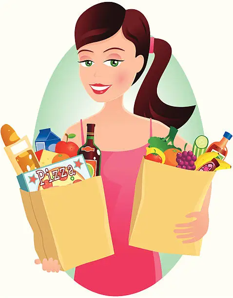 Vector illustration of Woman with grocery shopping in paper bags