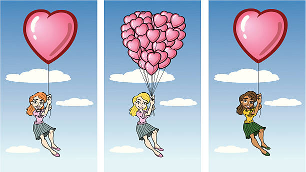 Woman Holding Heart Balloon Great set of illustrations of women holding heart balloons. Perfect for a dating or relationship illustration. EPS and JPEG files included. Be sure to view my other illustrations, thanks! girl levitating stock illustrations