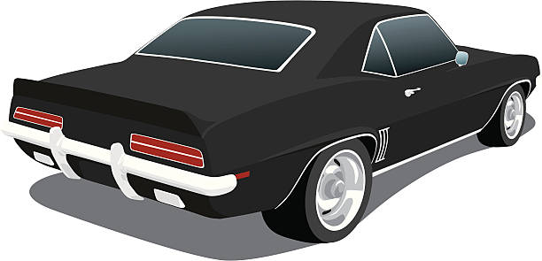 illustrazioni stock, clip art, cartoni animati e icone di tendenza di vector nero 1969 chevrolet camaro - car rear view behind car trunk