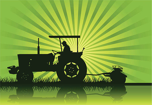 Tractor Silhouette (Vector) A tractor in silhouette on a farm. Hi-res Jpeg included.. farmer silhouettes stock illustrations