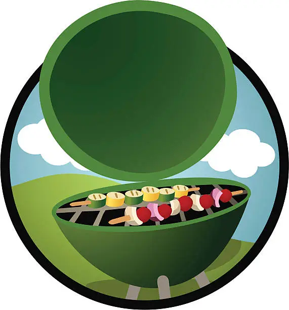 Vector illustration of Barbecue Grill  Cooking Healthy Vegetables on Skewers: Retro Cartoon Style