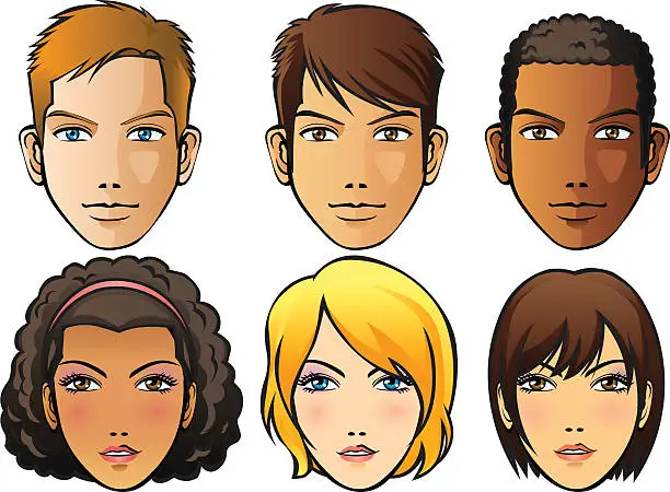 Vector illustration of Set of six different human faces