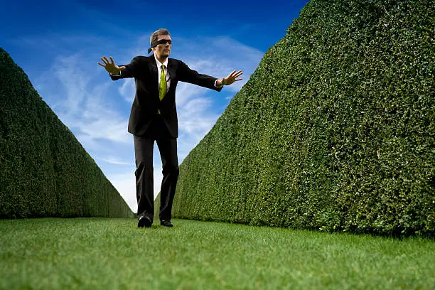 Blindfolded businessman stumbling about in a gigantic maze, with no way out.