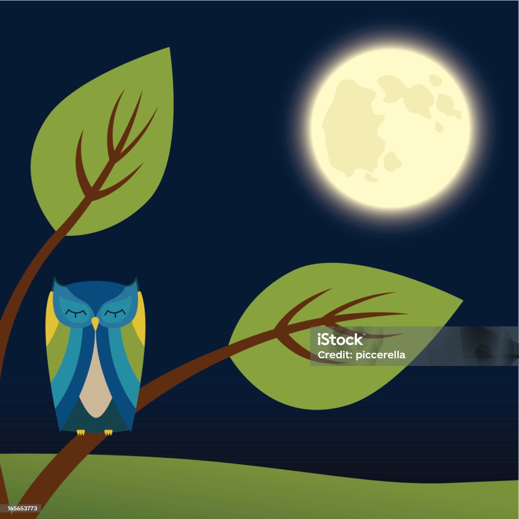 Night with full moon Cute owl is sleeping on the tree with a full moon on the sky. Owl stock vector