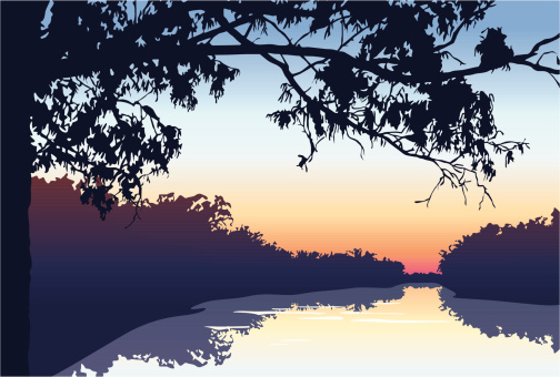 Vector illustration of a beautiful sunset on the river with forest surroundings.