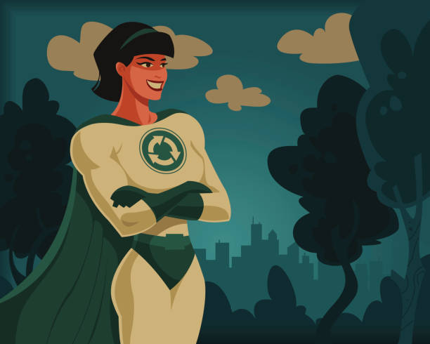 Retro Eco Superhero Woman A retro superhero woman watches over the environment. superhero environment women green color stock illustrations
