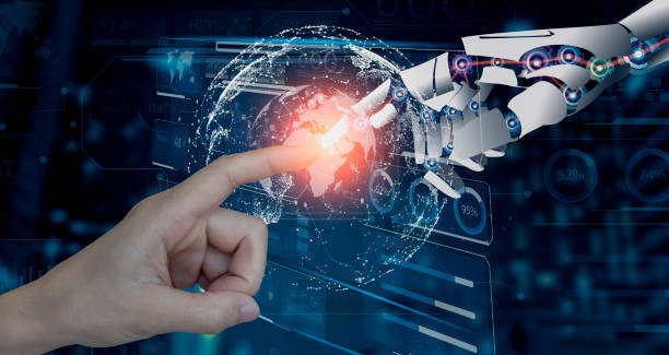 istock Human hand and 3D rendering robot touching on world and AI network interface icons. 1656546783