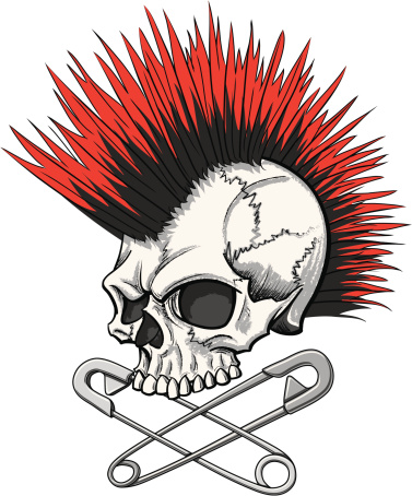 illustration of a punk rock skull with mohawk and crossed safety pins