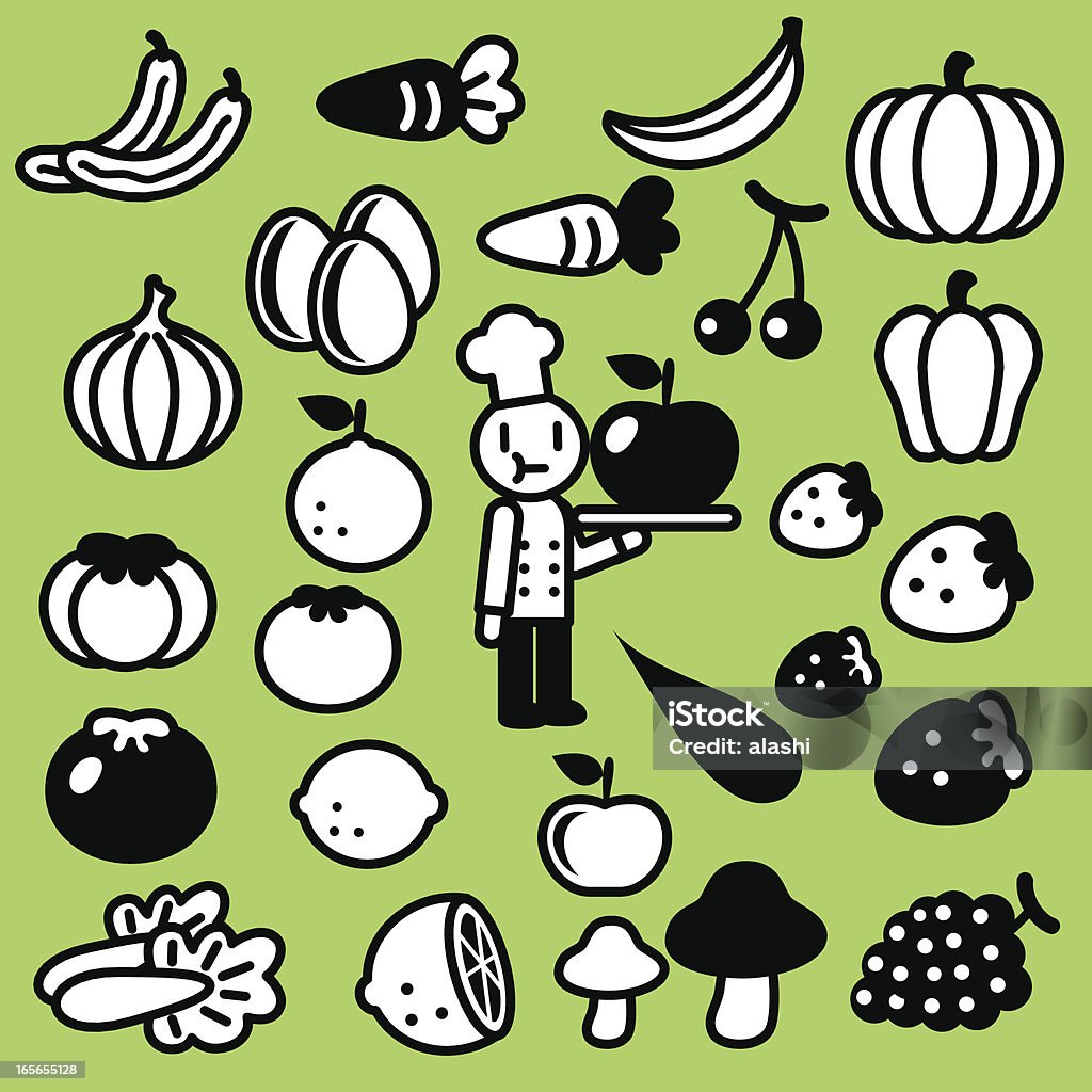 Cute Icon Set: Chef, fruits and vegetables ( Healthy Eating ) Vector Icon Set: Chef carrying a plate of a lot of fruits and vegetables. A Helping Hand stock vector