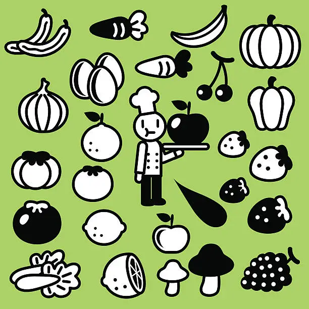 Vector illustration of Cute Icon Set: Chef, fruits and vegetables ( Healthy Eating )