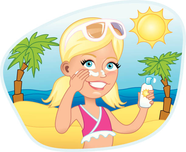 Girl putting on sunscreen at the beach vector art illustration