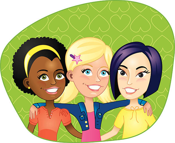 Three young girl friends smiling vector art illustration