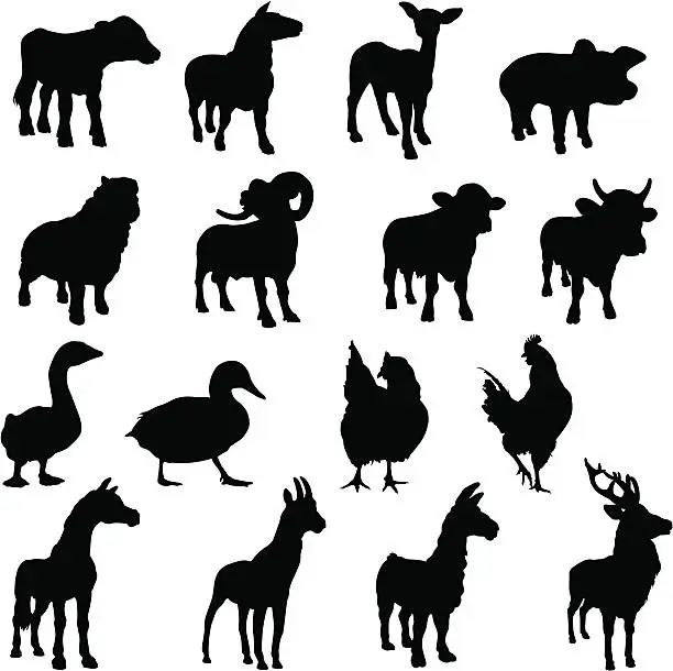 Vector illustration of Farm animals in silhouette