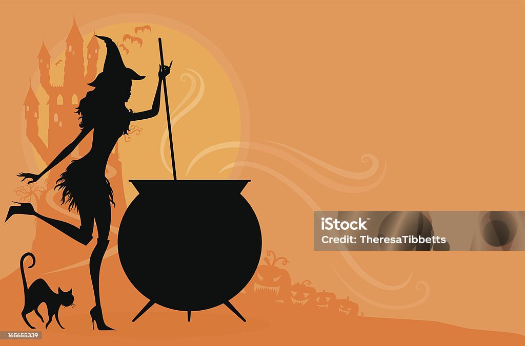 Black and orange Halloween cartoon of a witch and pot A sexy witch mixes a potion in her cauldron. Background on separate layer for easy editing. Click below for more Halloween images Cauldron stock vector