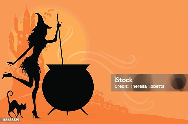 Black And Orange Halloween Cartoon Of A Witch And Pot Stock Illustration - Download Image Now