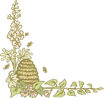 A retro hand drawn corner of hollyhock and trumpet vine flowers and a traditional skep beehive isolated on white with bees.