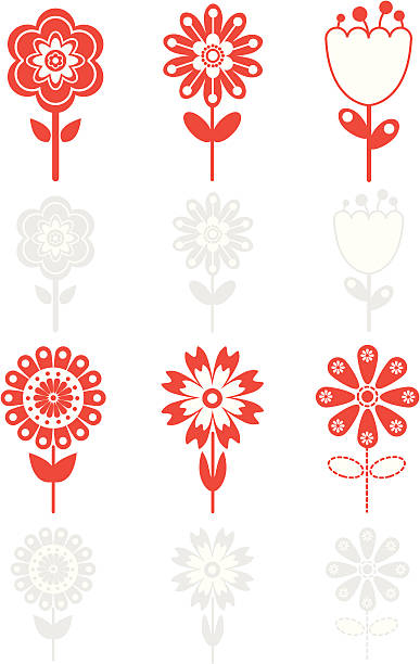 illustrazioni stock, clip art, cartoni animati e icone di tendenza di icone in stile retrò fiore rosso & grigio. - tulip sunflower single flower flower