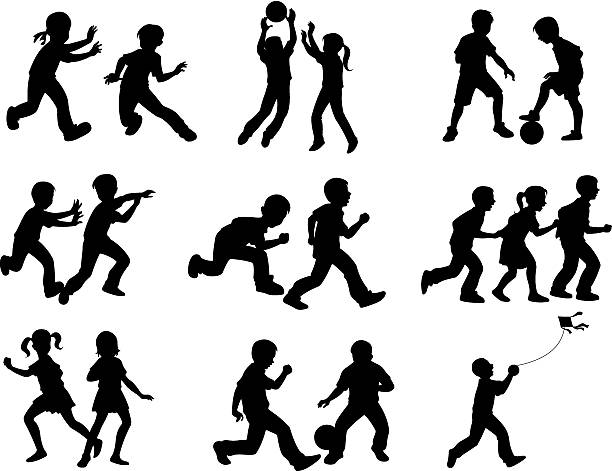 ilustraciones, imágenes clip art, dibujos animados e iconos de stock de siluetas de los niños jugando juegos diferentes - soccer child silhouette sport