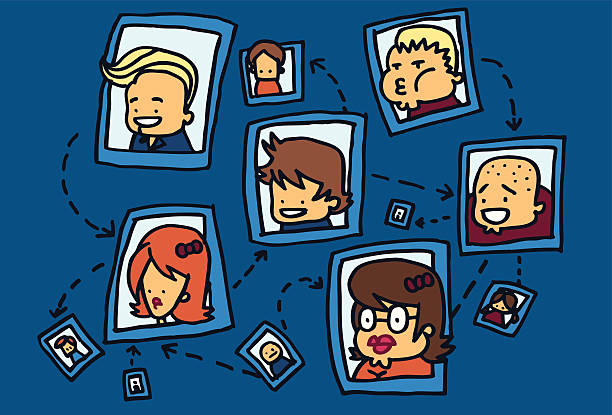 Funny social network Many photos of people connected by arrows. Made with a marker and vectorized. fat ugly face stock illustrations