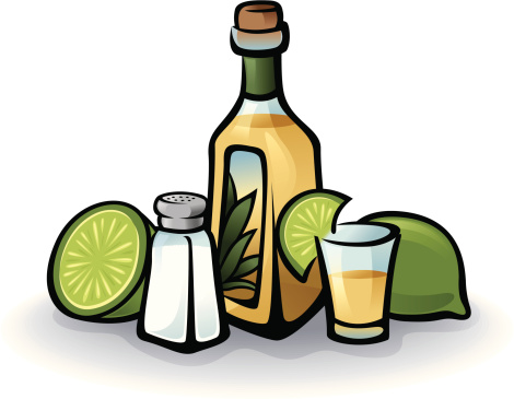Vector art showing Tequila bottle, shot glass, salt shaker and limes. Items are grouped for easy edit.