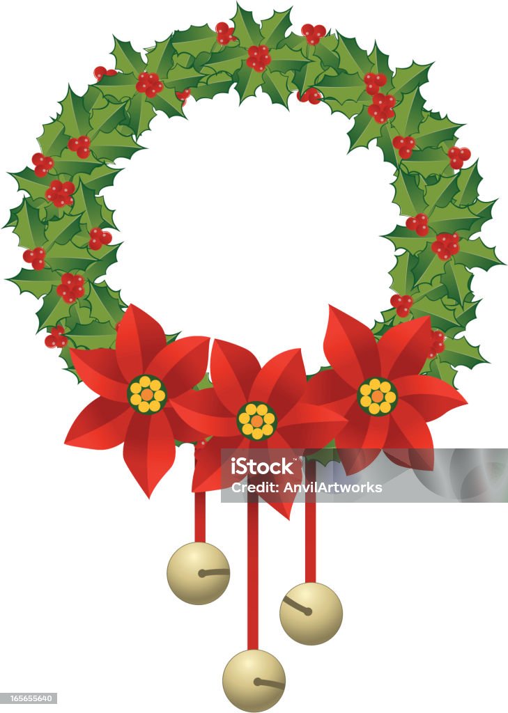 Christmas Wreath Christmas Holly wreath with poinsettias and golden bells. Artwork on separate and editable layers. Download includes an AI8 EPS vector file and a high resolution JPEG file (min. 1900 x 2800 pixels). Bell stock vector