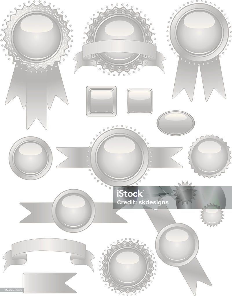 Shiny Silver Seals and Stickers Set Shiny silver seals, stickers, medals, buttons set. Optional ribbons. Mix layers.  Seal - Stamp stock vector
