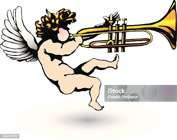 Cherubin Dmuchać Trumpet - Stockowe grafiki wektorowe i więcej obrazów Trąbka - Trąbka, Amor, Cherubin