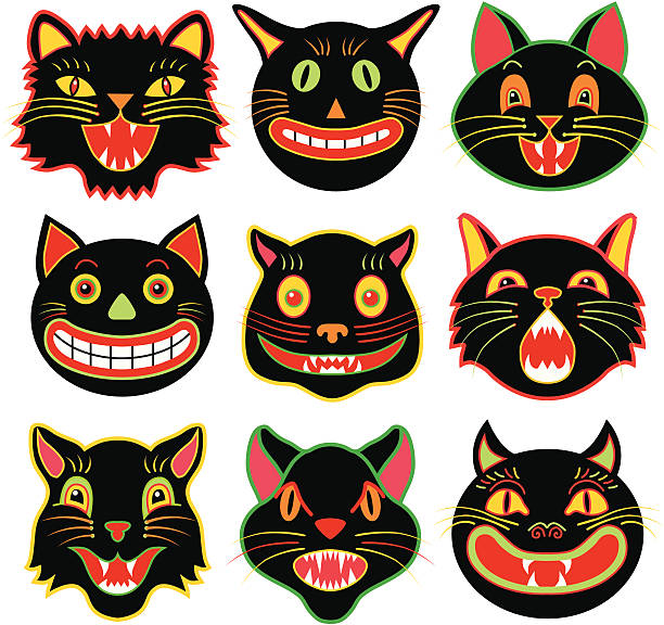 ilustrações de stock, clip art, desenhos animados e ícones de dia das bruxas cabeças de gato - anger feline animal black