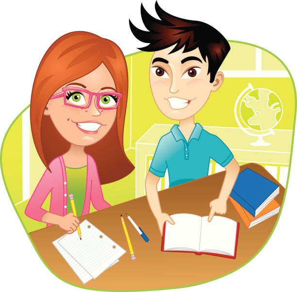 Kids at desk in classroom doing school work vector art illustration