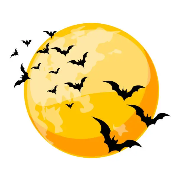 Vector illustration of Cartoon orange night moon and bats