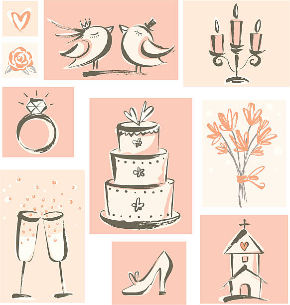 ilustraciones, imágenes clip art, dibujos animados e iconos de stock de iconos de boda - wedding invitation wedding greeting card heart shape