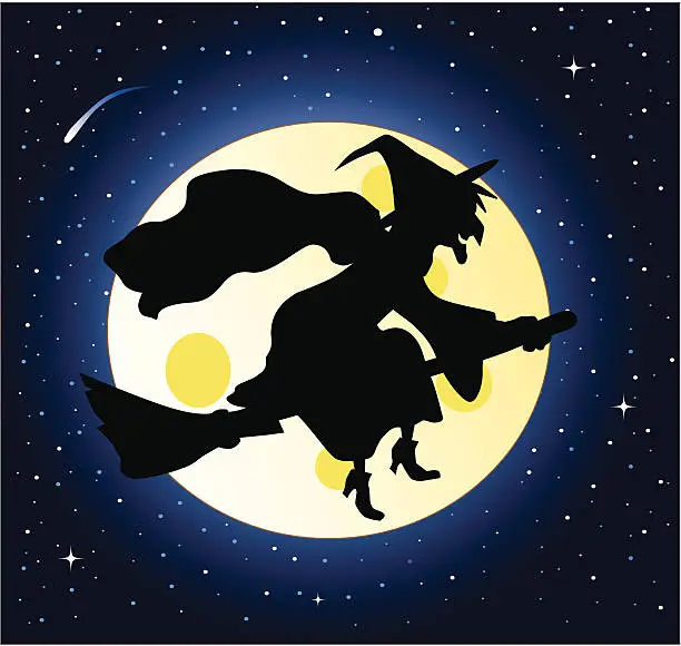 Vector illustration of witch flying across the moon