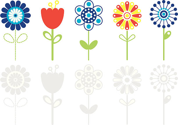 ilustraciones, imágenes clip art, dibujos animados e iconos de stock de varios retro color iconos de flores. - tulip sunflower single flower flower