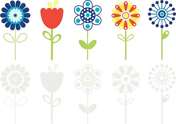 Vector illustration of Various Retro Colored Flower Icons.