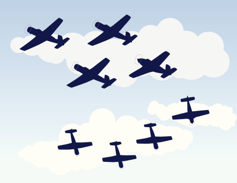 Vector illustration of old military training aircraft flying in formation. Two groups of 4 silhouettes. Clouds in background.