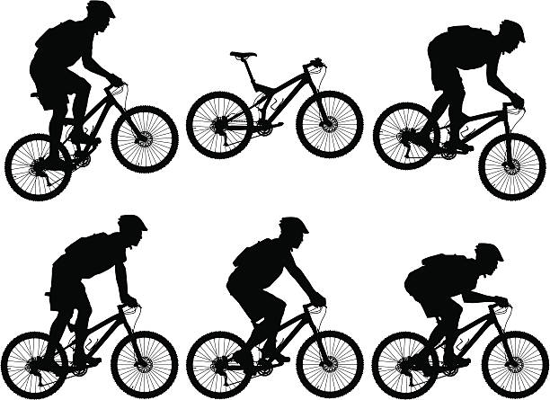 Silhouettes of carbon fiber full suspension mountain bike with cyclists Vector illustration of carbon fiber full suspension mountain bike with riders. mountain biking stock illustrations