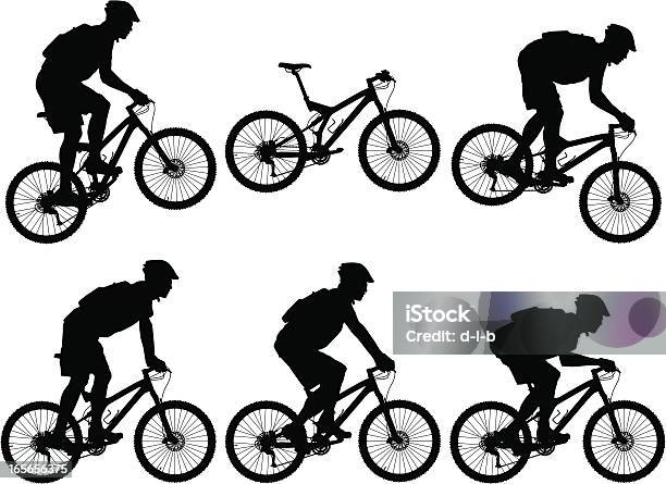 Silhouettes Of Carbon Fiber Full Suspension Mountain Bike With Cyclists Stock Illustration - Download Image Now