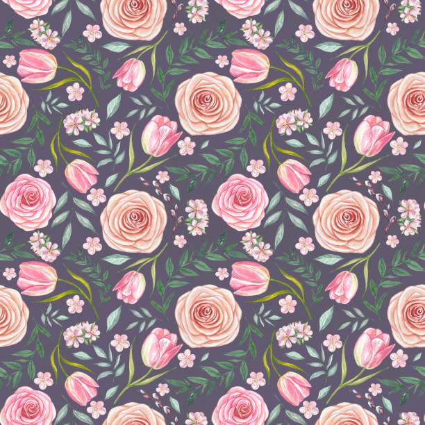 istock Floral pattern with pink roses, tulips, leaves. Watercolor 1656564298