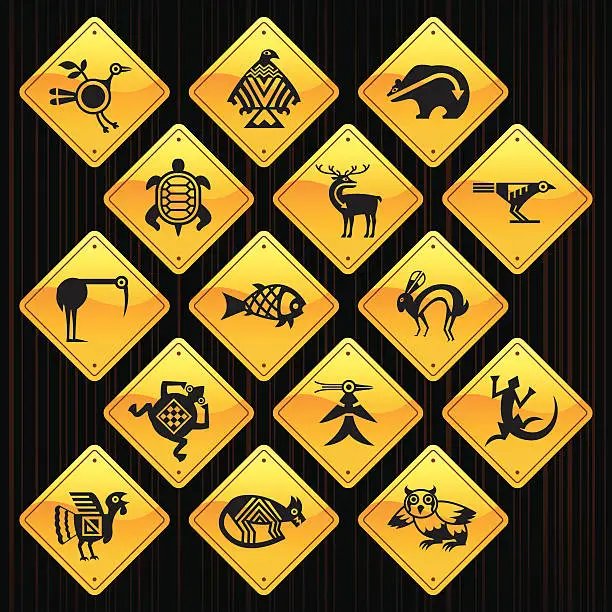 Vector illustration of Yellow Signs - Indian Tribal Animals